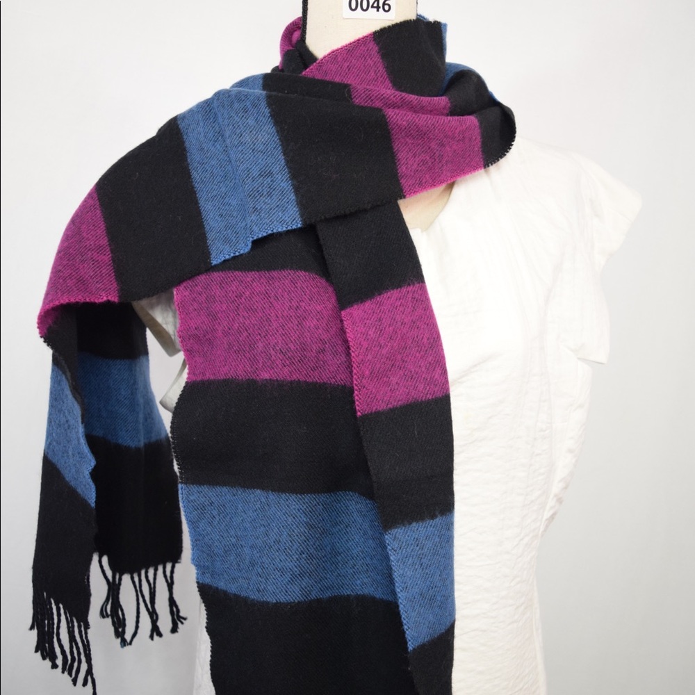 Black pink and blue wool scarf